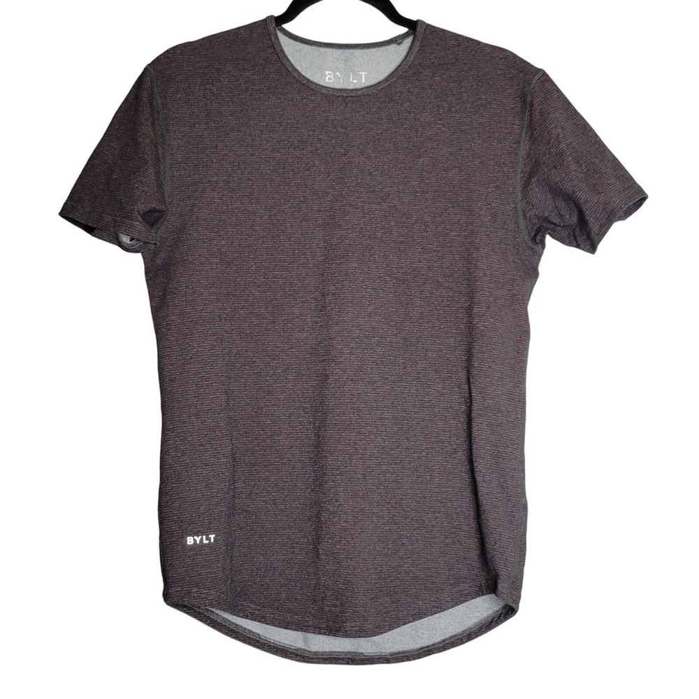BYLT Basics Mens Drop-Cut T-Shirt Grey Red Micro Striped Crew Neck‎ Short Sleeve